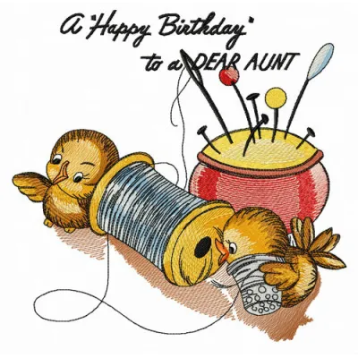 Happy Birthday to a Dear Aunt embroidery design featuring cheerful birds, ideal for customizing gifts and decor.