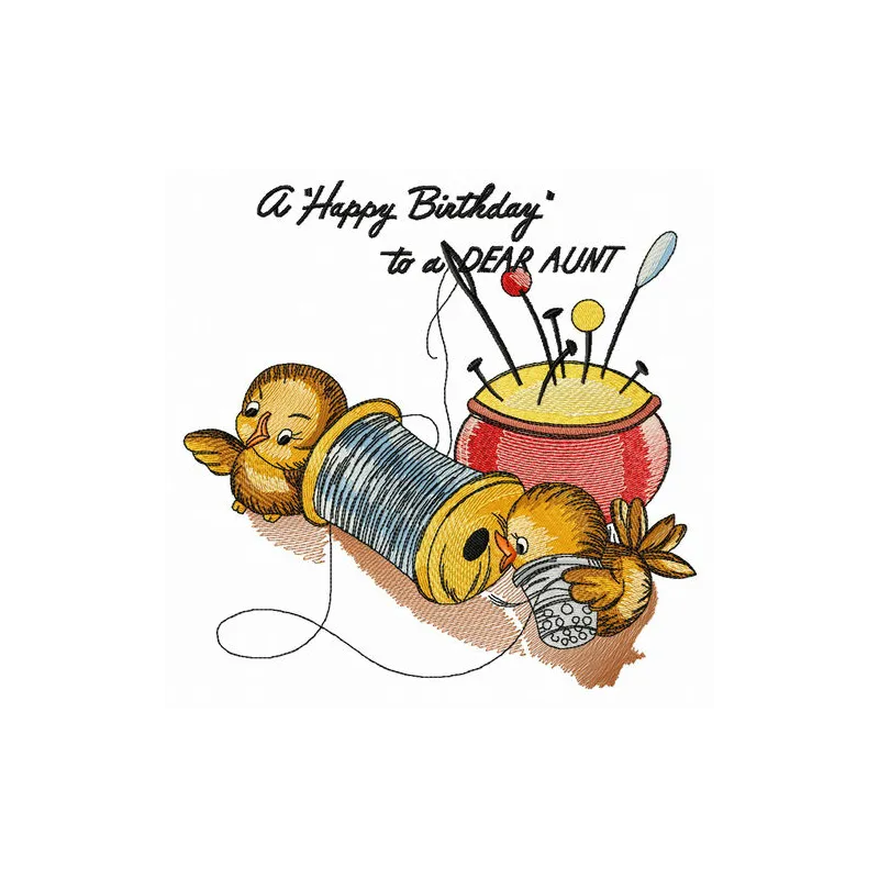 Happy Birthday to a Dear Aunt embroidery design featuring cheerful birds, ideal for customizing gifts and decor.