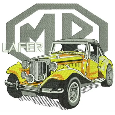 MP Lafer embroidery design showcasing a detailed car motif, ideal for stitching on apparel and accessories.