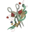 Preview of scissors, ribbon, key, and threads embroidery design for crafting projects and stitching patterns.