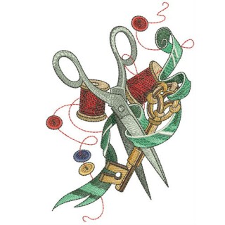 Scissors, ribbon, key and threads embroidery design - Embroidery Design