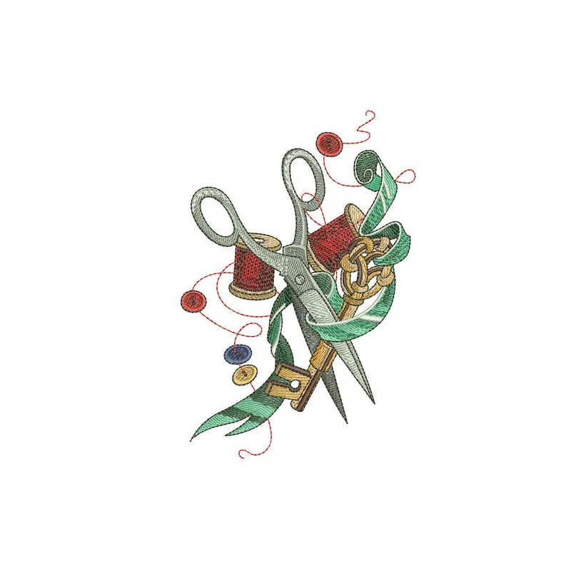 Preview of scissors, ribbon, key, and threads embroidery design for crafting projects and stitching patterns.