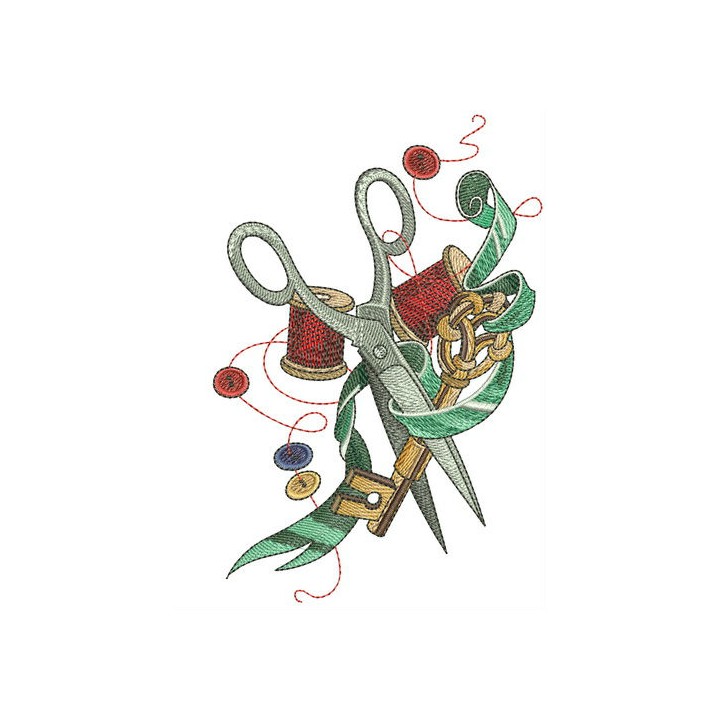 Scissors, ribbon, key and threads embroidery design - Embroidery Design