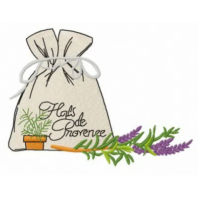 Preview of a pouch featuring a beautiful embroidery design of Provencal herbs, perfect for kitchen decor.