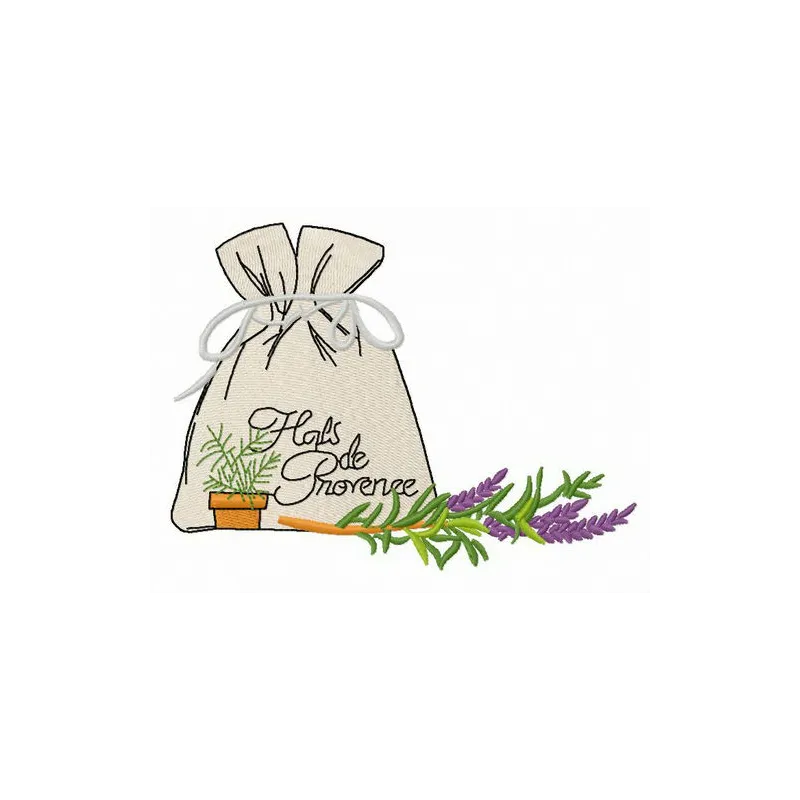 Preview of a pouch featuring a beautiful embroidery design of Provencal herbs, perfect for kitchen decor.