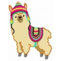 Embroidery design of an alpaca wearing a colorful hat and horsecloth, ideal for stitching on totes or blankets.