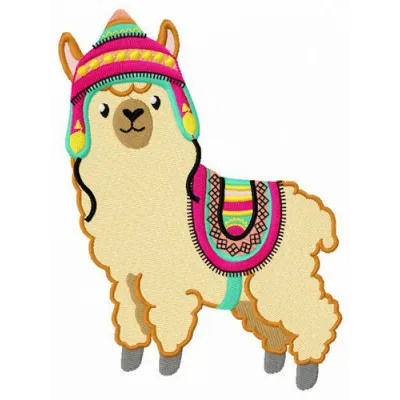 Embroidery design of an alpaca wearing a colorful hat and horsecloth, ideal for stitching on totes or blankets.