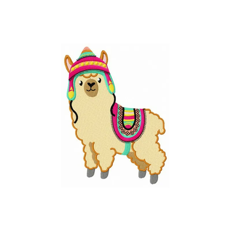 Embroidery design of an alpaca wearing a colorful hat and horsecloth, ideal for stitching on totes or blankets.