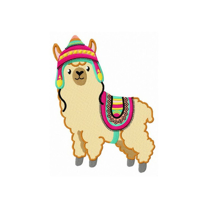 Embroidery design of an alpaca wearing a colorful hat and horsecloth, ideal for stitching on totes or blankets.