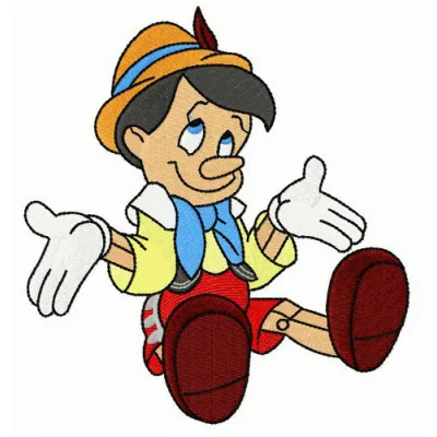 Preview of the Pinocchio 'I Don't Know' embroidery design, showcasing a whimsical stitched motif for creative projects.