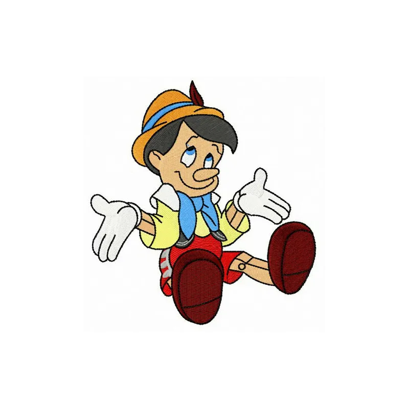 Preview of the Pinocchio 'I Don't Know' embroidery design, showcasing a whimsical stitched motif for creative projects.