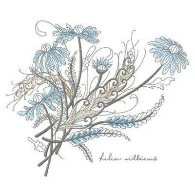 Bouquet of chamomiles embroidery design showcasing delicate floral motifs, perfect for various fabric projects.