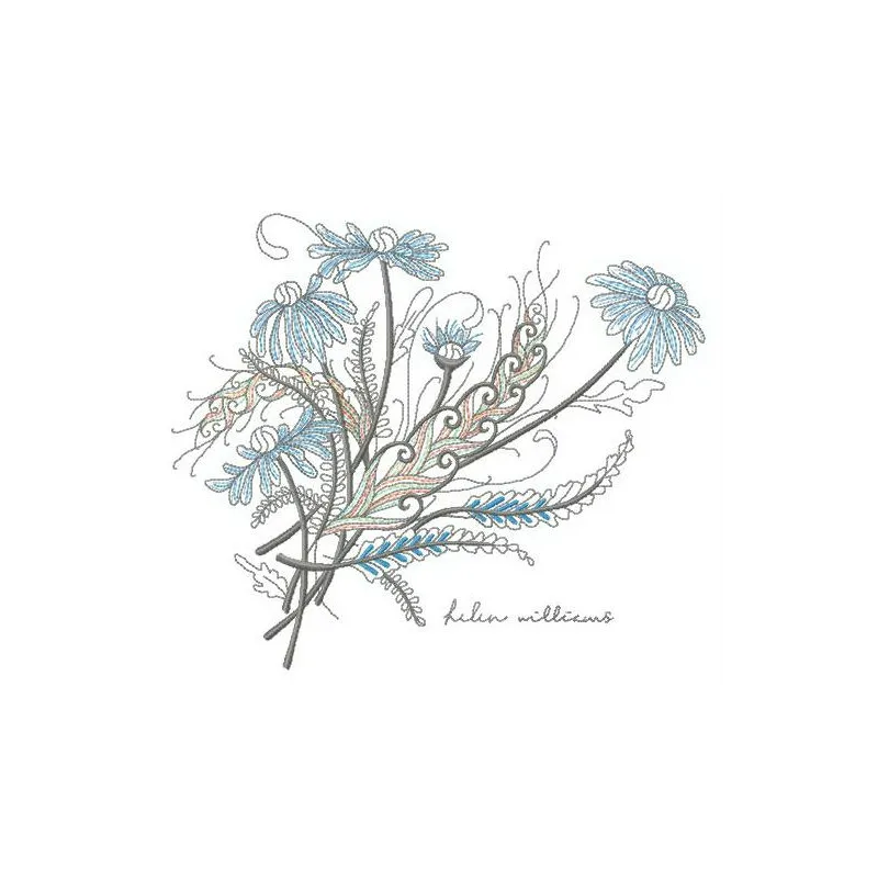 Bouquet of chamomiles embroidery design showcasing delicate floral motifs, perfect for various fabric projects.