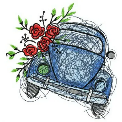 Small blue car embroidery design showcasing a vibrant stitched motif for creative projects.