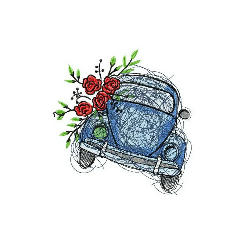 Small blue car embroidery design showcasing a vibrant stitched motif for creative projects.