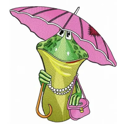 Aunt Frog embroidery design displayed on a fabric, showcasing a whimsical frog motif for creative stitching projects.