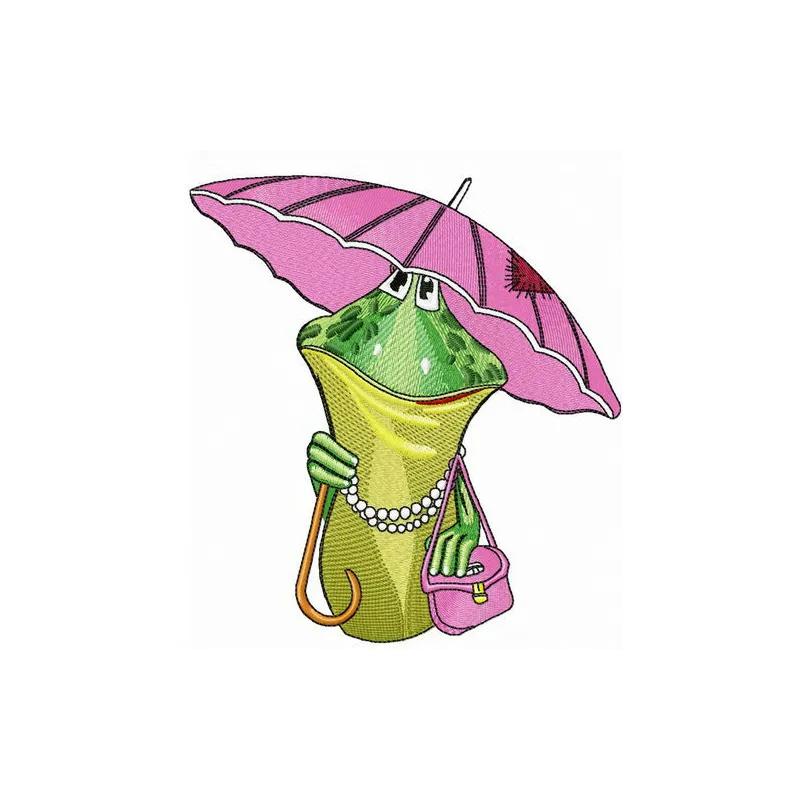 Aunt Frog embroidery design displayed on a fabric, showcasing a whimsical frog motif for creative stitching projects.