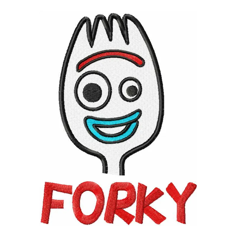 Forky play time embroidery design featuring the lovable character from Toy Story, ideal for kids' apparel and accessories.