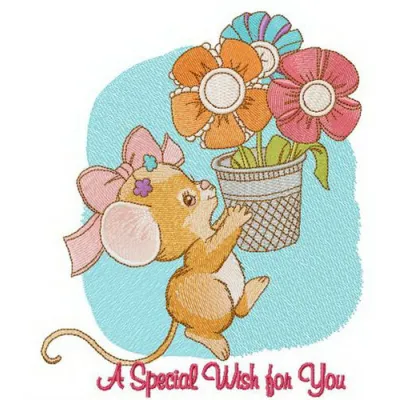 Preview of 'A Special Wish for You' embroidery design featuring charming mice, ideal for creative stitching projects.