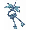 Preview of a dragonfly with keys embroidery design, showcasing intricate stitching patterns for creative projects.