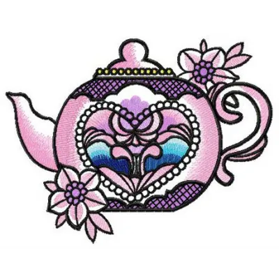 Embroidery design of a Chinese porcelain teapot, ideal for kitchen-themed projects and creative stitching.