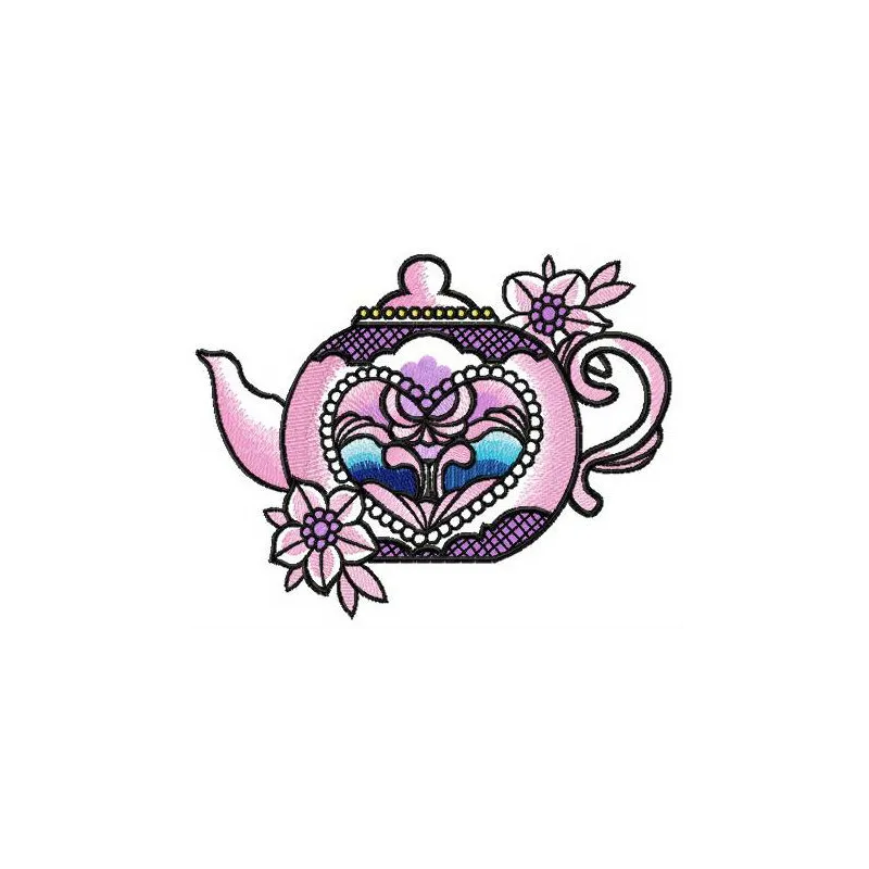 Embroidery design of a Chinese porcelain teapot, ideal for kitchen-themed projects and creative stitching.