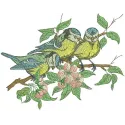 A beautifully stitched embroidery design featuring a flock of blue tits, perfect for nature-inspired projects.