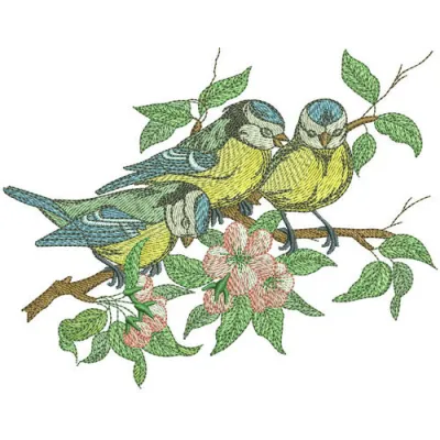 A beautifully stitched embroidery design featuring a flock of blue tits, perfect for nature-inspired projects.