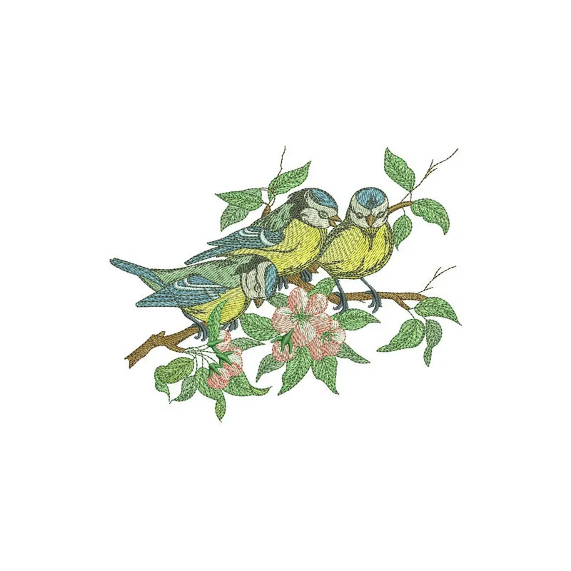 A beautifully stitched embroidery design featuring a flock of blue tits, perfect for nature-inspired projects.