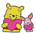 Embroidery design featuring Pooh and Piglet holding Valentine cards, perfect for stitching on t-shirts or pillows.