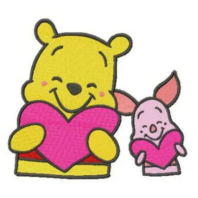 Embroidery design featuring Pooh and Piglet holding Valentine cards, perfect for stitching on t-shirts or pillows.