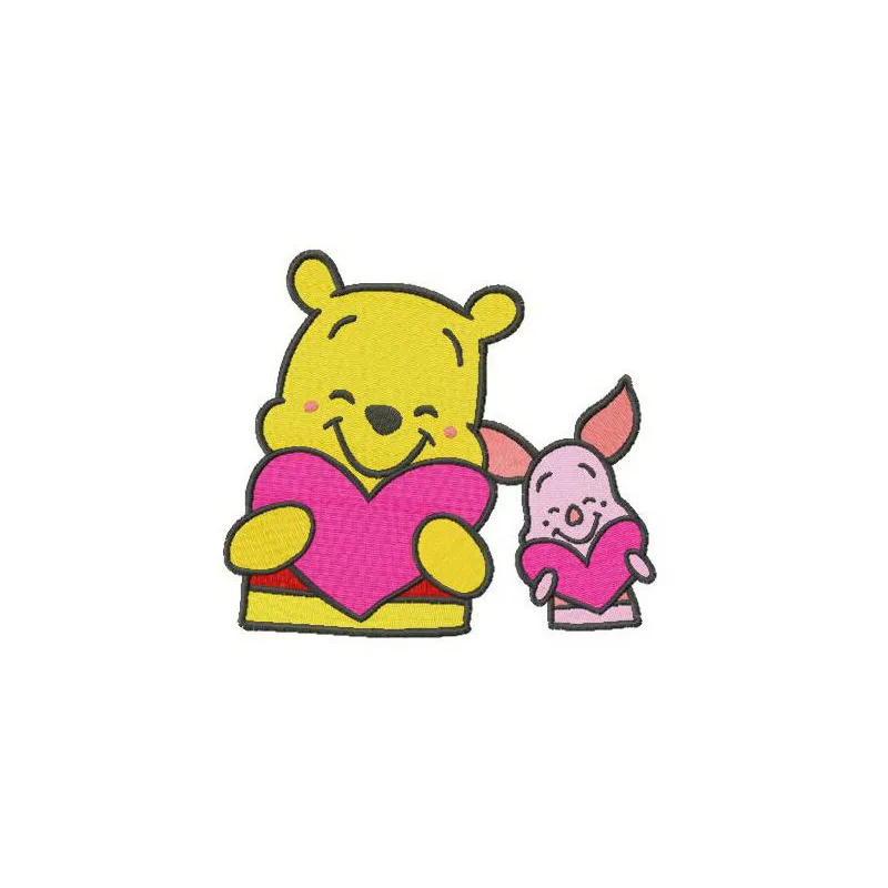 Embroidery design featuring Pooh and Piglet holding Valentine cards, perfect for stitching on t-shirts or pillows.