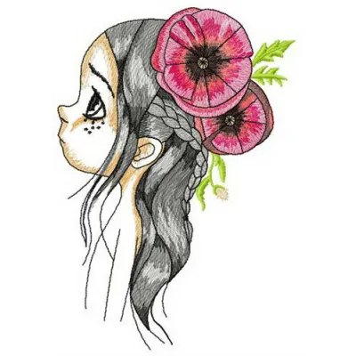 Embroidery design featuring a girl surrounded by vibrant poppies, perfect for stitching on apparel or home decor.