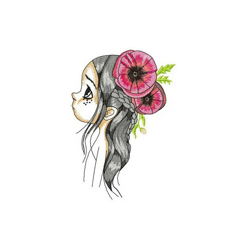 Embroidery design featuring a girl surrounded by vibrant poppies, perfect for stitching on apparel or home decor.