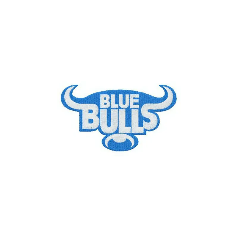 Blue Bulls logo embroidery design showcasing a vibrant rugby-themed stitched motif for apparel and accessories.