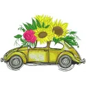 Volkswagen Beetle embroidery design adorned with sunflowers, perfect for stitching on bags or shirts.