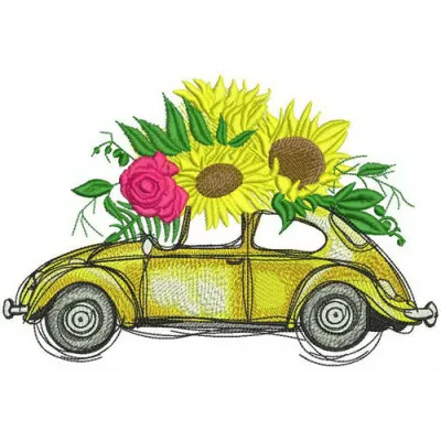 Volkswagen Beetle embroidery design adorned with sunflowers, perfect for stitching on bags or shirts.