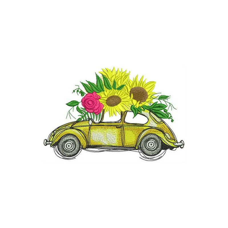 Volkswagen Beetle embroidery design adorned with sunflowers, perfect for stitching on bags or shirts.