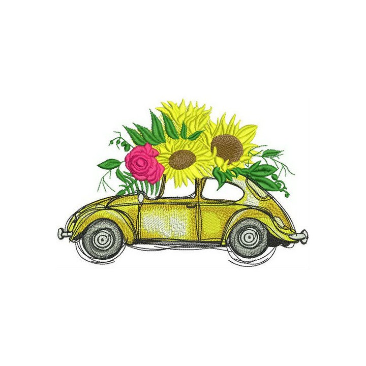 Volkswagen Beetle with sunflowers embroidery design - Embroidery Design