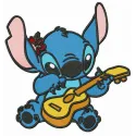 Embroidery design featuring Stitch playing guitar, perfect for adding a fun touch to clothing and accessories.