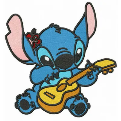 Embroidery design featuring Stitch playing guitar, perfect for adding a fun touch to clothing and accessories.