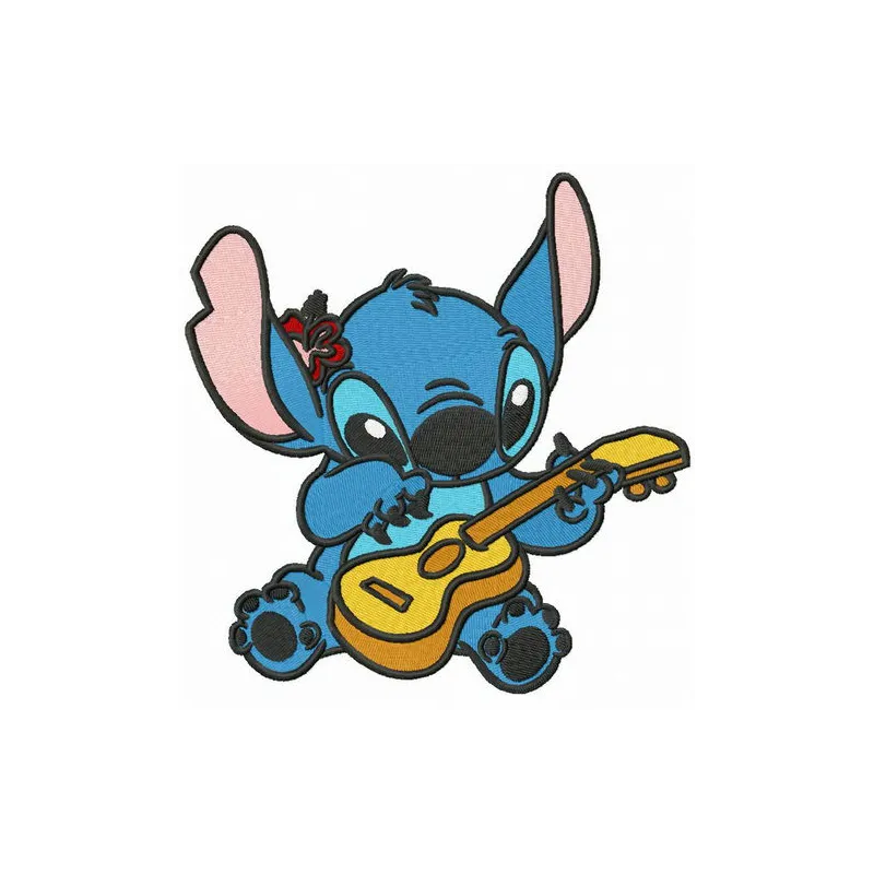 Embroidery design featuring Stitch playing guitar, perfect for adding a fun touch to clothing and accessories.