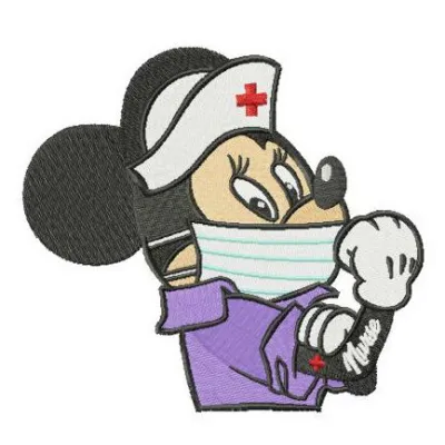 Nurse Minnie embroidery design featuring a cheerful Minnie Mouse in a nurse's outfit, ideal for creative projects.