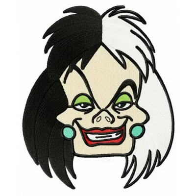 Preview of Cruella de Vil embroidery design featuring her iconic look, perfect for creative stitching projects.