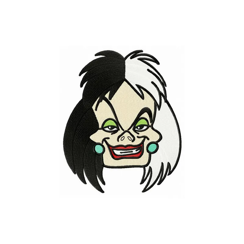 Preview of Cruella de Vil embroidery design featuring her iconic look, perfect for creative stitching projects.