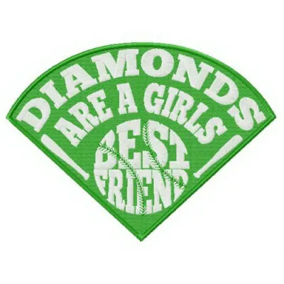 Preview of the 'Diamonds are Girl's Best Friend' fan embroidery design showcasing a stylish quote pattern for stitching.
