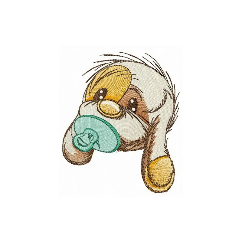 Embroidery design featuring an adorable puppy holding a dummy, perfect for dog lovers and creative projects.
