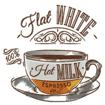 Flat white embroidery design showcasing a coffee cup, perfect for stitching on tote bags and hoodies.