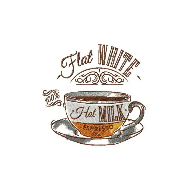 Flat white embroidery design showcasing a coffee cup, perfect for stitching on tote bags and hoodies.