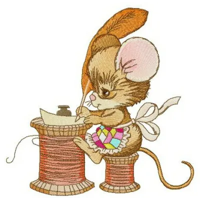 Embroidery design featuring a cute mouse writing a letter, ideal for various crafting projects.